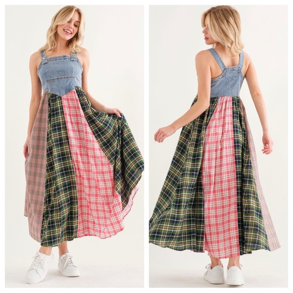 13 Boho Denim Multi Fabric Pleated Suspender Dress - Picture 4 of 5